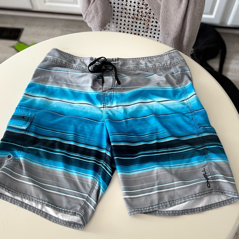 O'Neill Blue and Gray Board Shorts Dynamic Stripes